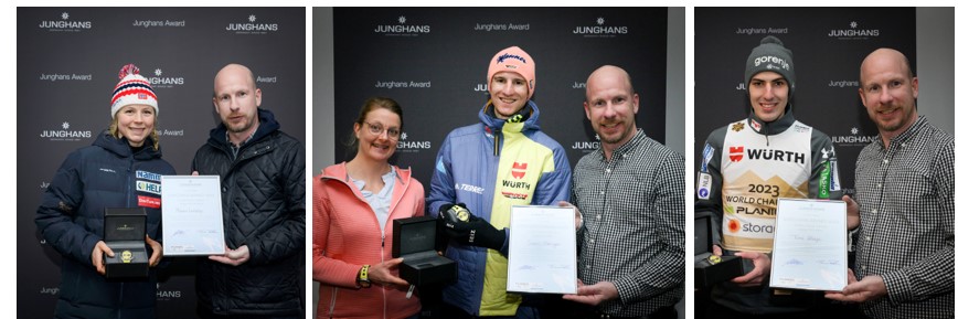 Junghans Awards für den weitesten Sprung erhielten Maren Lundby (links), Junghans Markenbotschafter Karl Geiger (Mitte) und Timi Zajc (rechts).